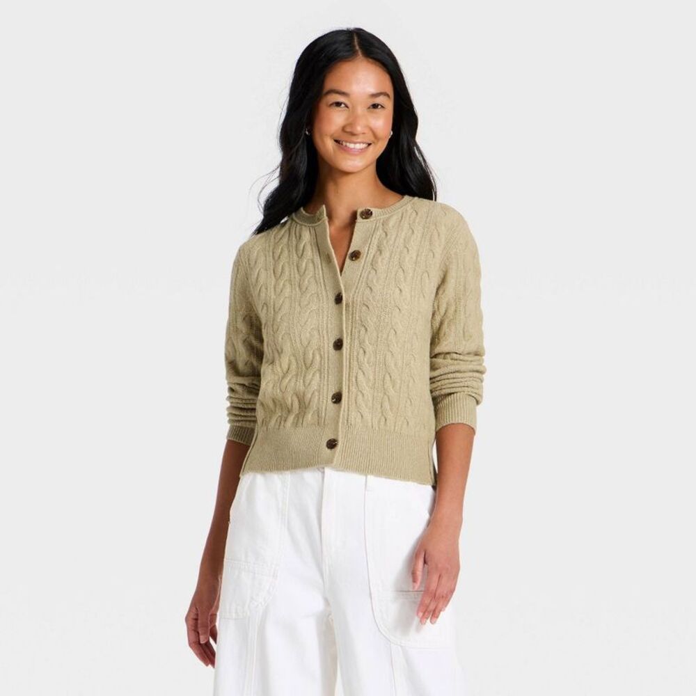 Women's Heritage Cable Crewneck Cardigan - Universal Thread Sage Green M